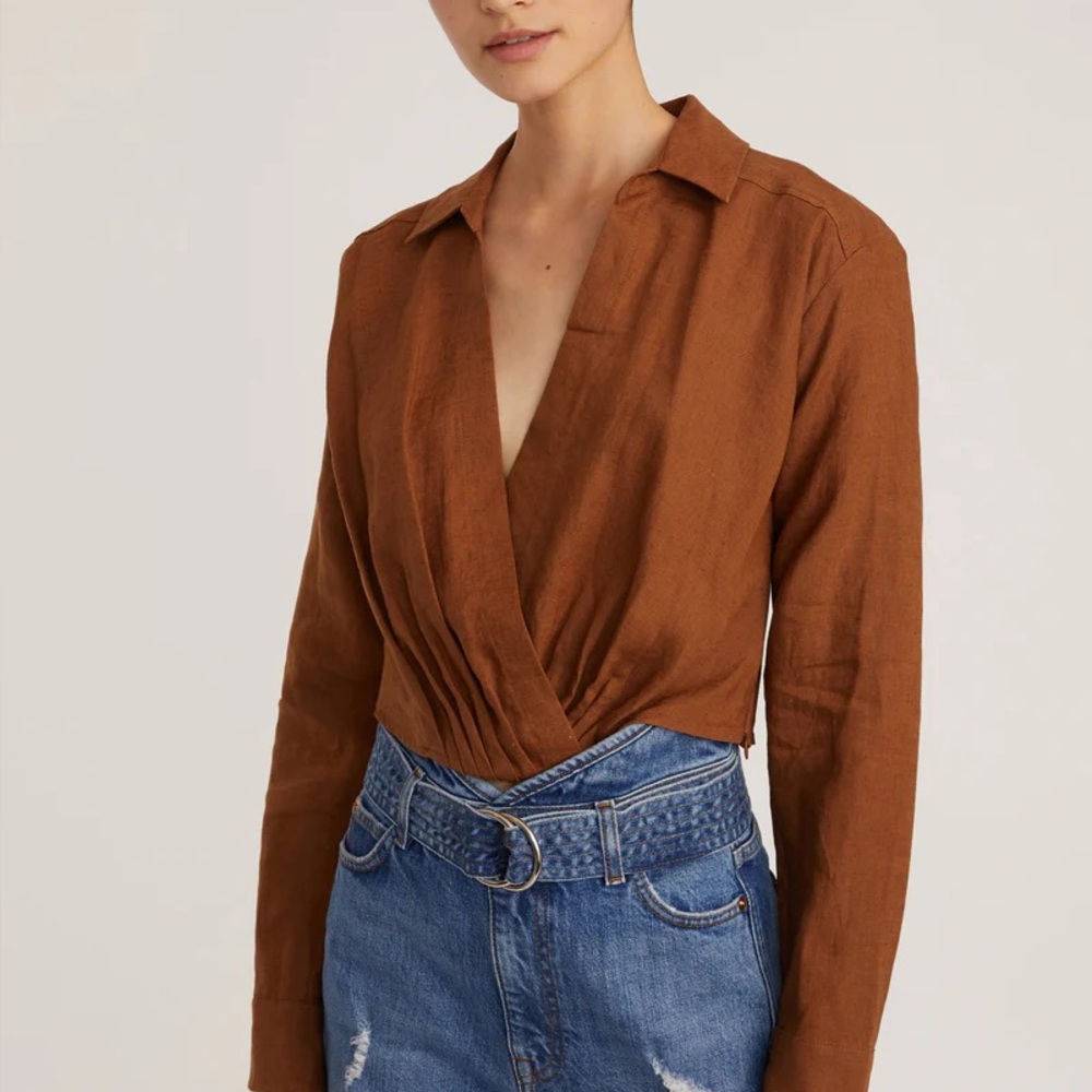 Marissa Webb MAXWELL LINEN SHIRT IN BOURBON Brown Cropped